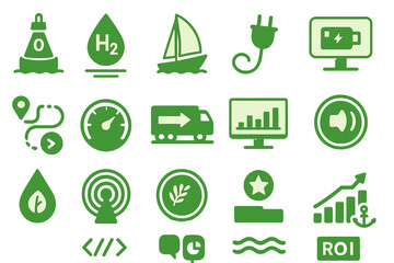 Collection of green energy icons representing sustainability and eco-friendly technology in a modern design context