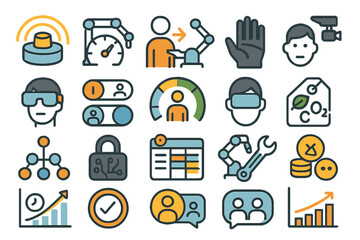 Innovative technology icons depicting modern automation, virtual reality, and data analysis in a digital workspace setting