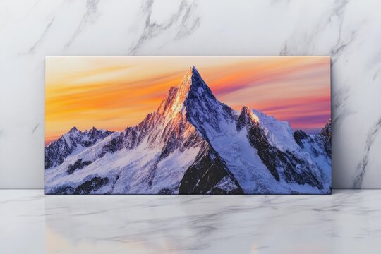 A majestic mountain range with snow-capped peaks is displayed against a vibrant sunset on a framed print against a white marble background.