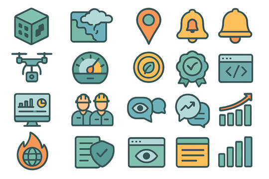Collection of simple icons representing technology and data visualization elements in a modern digital environment