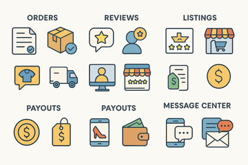 Icons representing e-commerce functions including orders, reviews, payouts, and message center in a simple design