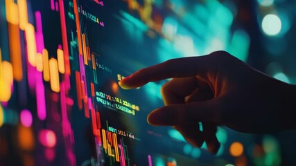 A person's hand interacting with a computer interface displaying various stock market graphs and financial data. - Powered by Adobe