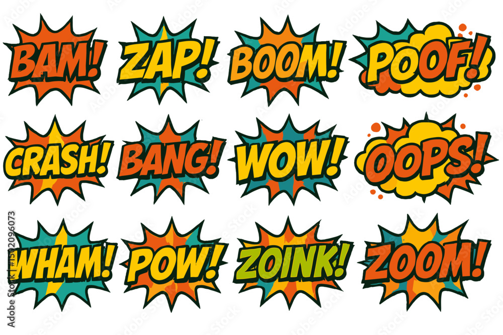 Poster colorful comic style sound effect words displayed in a dynamic arrangement for creative expression a