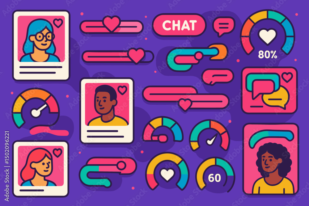 Poster interactive digital interface displaying user profiles, chat features, and feedback metrics in a vib