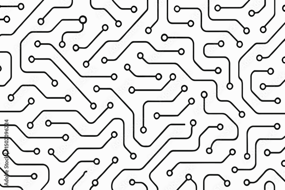Poster circuit board design featuring intricate pathways and connections on a white background showcasing m