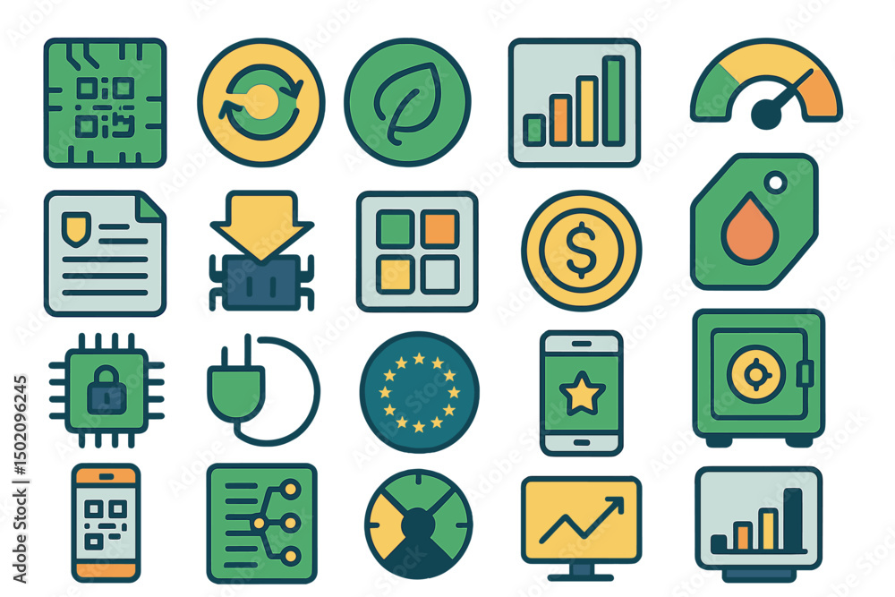 Poster collection of digital icons representing various technology, finance, and security concepts in a mod