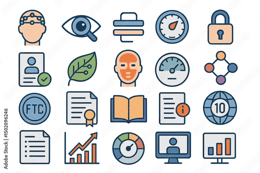 Poster collection of various icons representing technology, security, and data management concepts on a whi