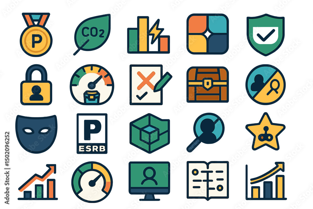 Poster collection of colorful icons representing various concepts in technology, environment, and security 