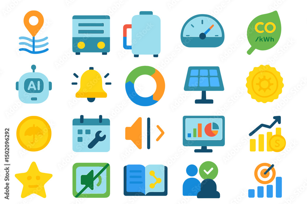 Poster colorful icons representing technology, sustainability, and data analysis arranged in a grid for eas