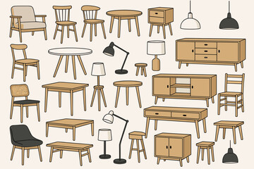 Various furniture pieces in a modern design arranged on a light background for interior inspiration