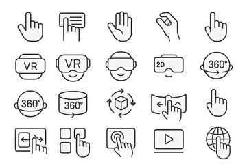 Icons representing virtual reality, interactions, and 3D technology in a digital design layout for various applications