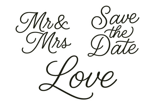 Elegant calligraphy designs featuring wedding themes with Mr and Mrs, Save the Date, and Love for celebrations
