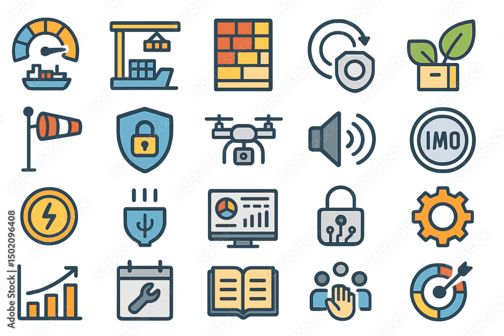 Poster collection of colorful icons representing various technology and security concepts in a digital sett