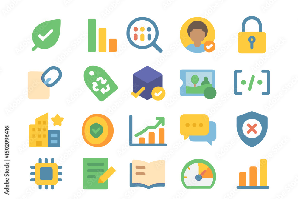 Poster various colorful icons representing technology, security, and data analysis displayed on a white bac