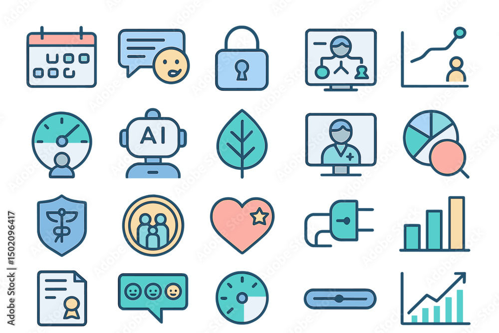 Poster digital icons representing communication, security, healthcare, artificial intelligence, and data an