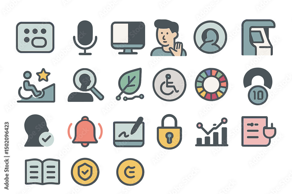 Poster icons representing various activities and concepts related to technology and accessibility in modern