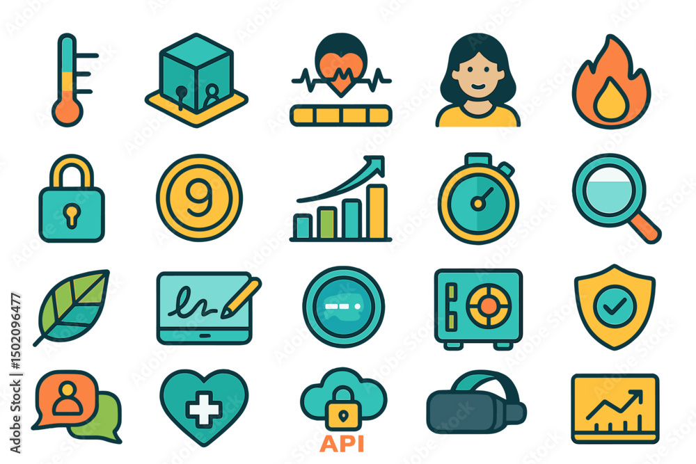 Poster collection of colorful modern icons representing various concepts in technology and health in a flat
