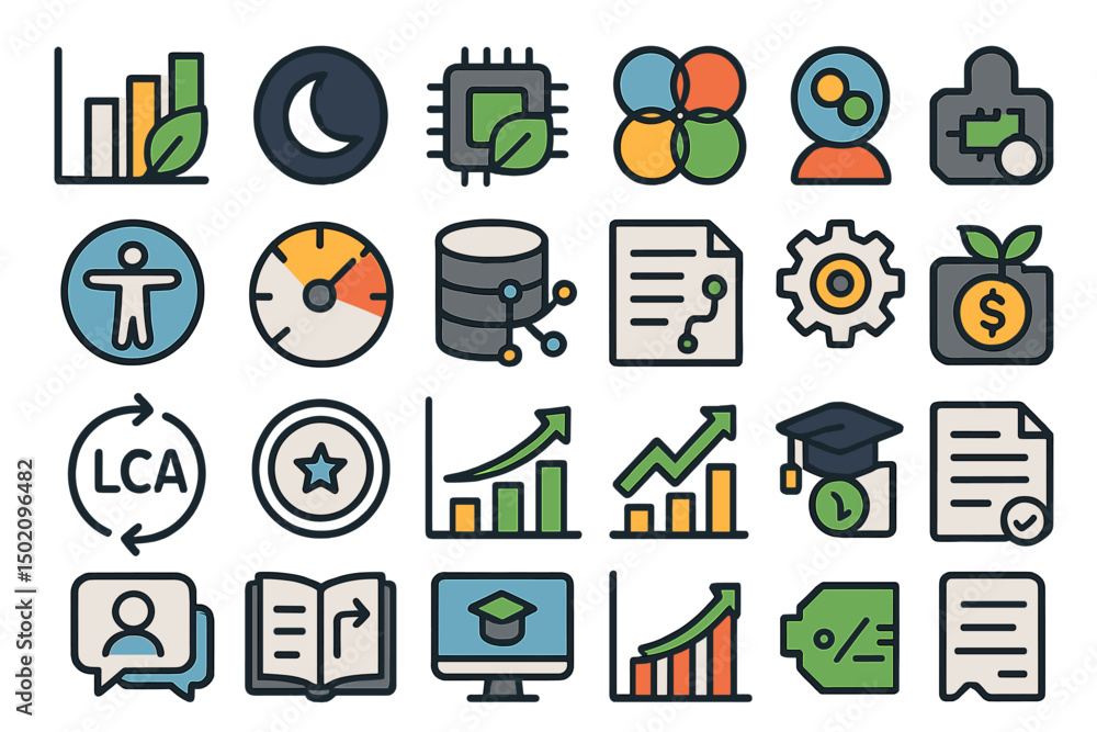 Poster data analysis and visualization icons representing various business and educational activities in a 