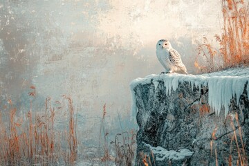A snowy owl perches on an icy cliff, overseeing a desolate winter landscape with frosted vegetation and a textured, ethereal background.