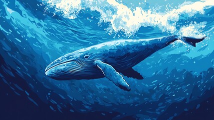 Fototapeta premium Majestic blue whale swimming through deep ocean waters.