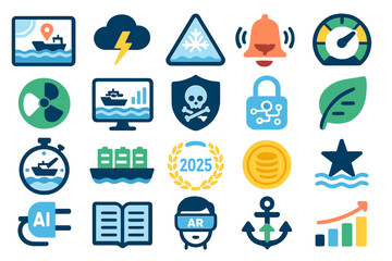 Icons representing various maritime safety and technology themes for a comprehensive training program in 2025