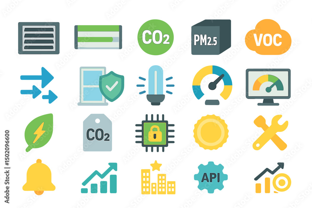 Poster icons representing air quality metrics and environmental data visualization tools used for monitorin
