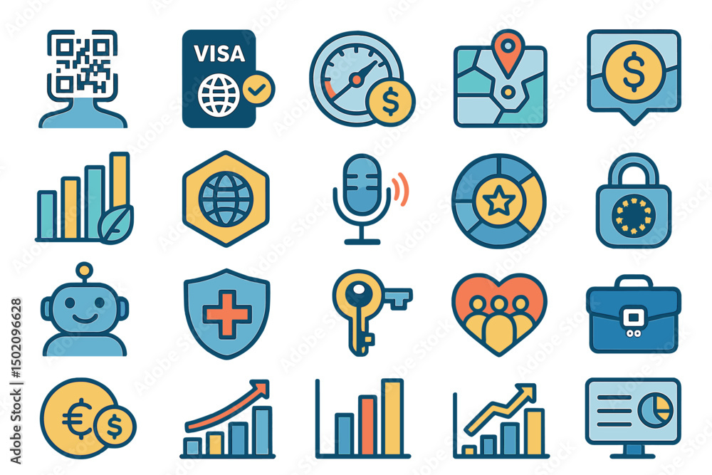 Poster digital icons representing financial technology tools and concepts for online transactions and data 