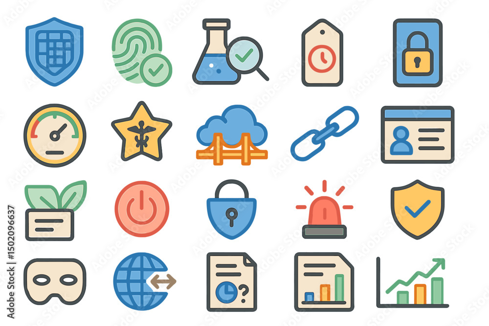 Poster collection of colorful security and technology icons representing various aspects of digital safety 