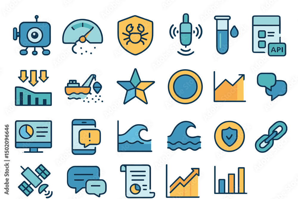 Poster collection of colorful icons showcasing technology, marine life, and data analytics in a modern desi