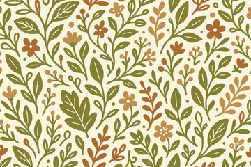 Botanical pattern featuring various green leaves and colorful flowers on a neutral background