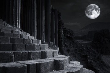 Monochrome stone staircase leads to a dark landscape under a glowing full moon, evoking a mystical atmosphere.