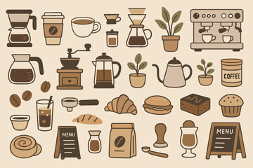 Stylized coffee and bakery elements displayed on a pastel background for a cozy cafe atmosphere