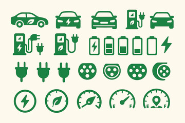 Electric vehicle icons and symbols representing charging, battery levels, and power indicators in green design