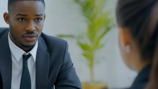 Professional man in suit and tie participating in business meeting. Young adults engaged in conversation at office desk.