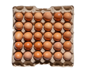 Top view of multiple fresh eggs arranged in a carton tray isolated on a transparent background for food packaging design. 