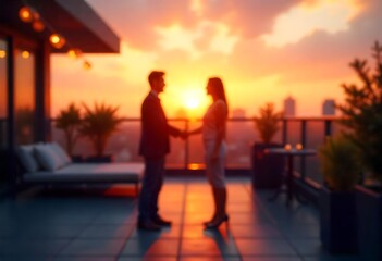 Generative AI image of business partnership at sunset on a rooftop terrace