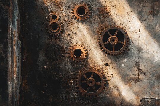 A rusty collection of gears mounted on a weathered, textured surface, evoking industrial decay and mechanical obsolescence.