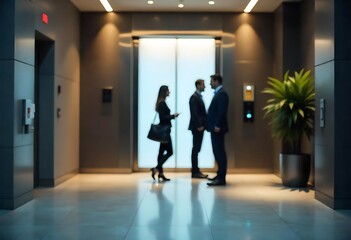 Fototapeta premium Generative AI Business professionals await the elevator doors in a modern corporate lobby