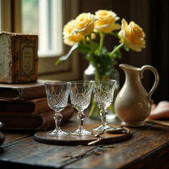 still life with flowers and glasses