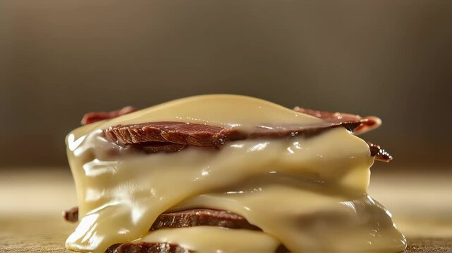 A stack of thin steaks with sauce poured over them