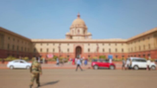 Bokeh view of Rashtrapati Bhavan in New Delhi, India. Blurred background footage.