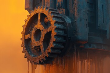 Close-up of a large, rusty metal gear mechanism with water dripping down in a warm, golden light.