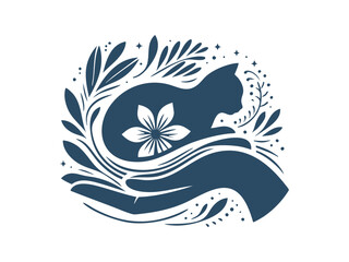 Elegant Hand Holding Cat Silhouette with Botanical Elements – Pet Care and Animal Welfare Symbol in Floral Style
