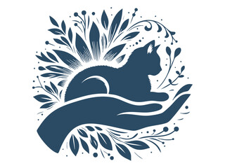 Elegant Hand Holding Cat Silhouette with Botanical Elements – Pet Care and Animal Welfare Symbol in Floral Style