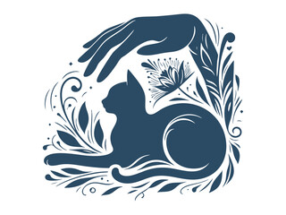 Elegant Hand Holding Cat Silhouette with Botanical Elements – Pet Care and Animal Welfare Symbol in Floral Style