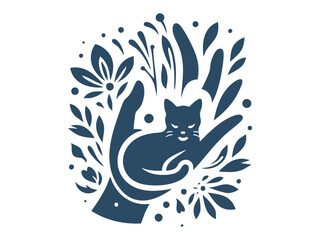 Elegant Hand Holding Cat Silhouette with Botanical Elements – Pet Care and Animal Welfare Symbol in Floral Style