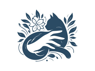 Elegant Hand Holding Cat Silhouette with Botanical Elements – Pet Care and Animal Welfare Symbol in Floral Style