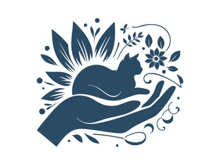 Elegant Hand Holding Cat Silhouette with Botanical Elements – Pet Care and Animal Welfare Symbol in Floral Style