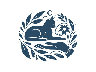 Elegant Hand Holding Cat Silhouette with Botanical Elements – Pet Care and Animal Welfare Symbol in Floral Style