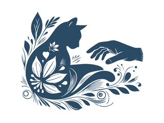 Elegant Hand Holding Cat Silhouette with Botanical Elements – Pet Care and Animal Welfare Symbol in Floral Style